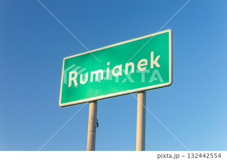 Entrance street sign to Polish village Rumianek. 132442554