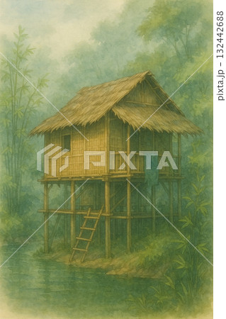 熱帯雨林 藁葺き屋根 かやぶき屋根 132442688
