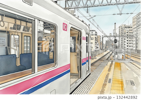 京王線　府中駅　ペン画　水彩画　急行　準特急　新宿行き 132442892