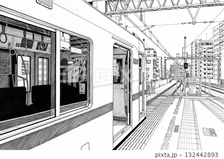 京王線　府中駅　ペン画　水彩画　急行　準特急　新宿行き 132442893