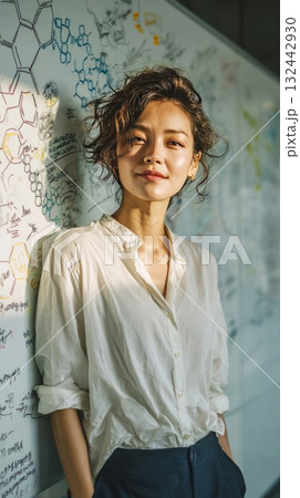 Female scientist standing smiling with molecular formulas Female scientist standing smiling with molecular formulas 132442930