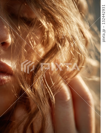 Woman's face glowing with golden hour backlight Woman's face glowing with golden hour backlight 132442931