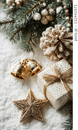 Christmas golden decorations with present on white snow 132442971