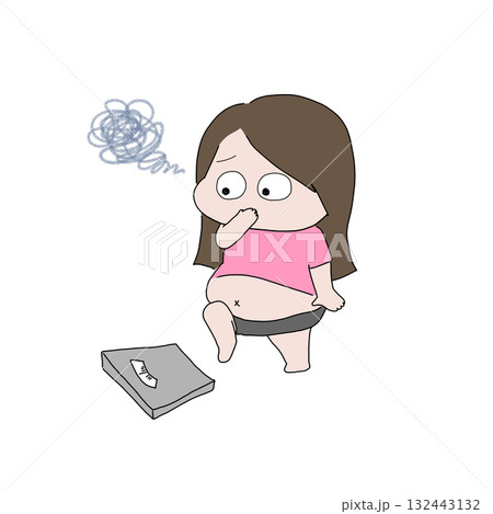 体重計で体重を量るのを迷う太っている女性 132443132