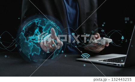 Futuristic Communication Concept with Hands, Laptop, and Global Network Symbols Indicating Connectivity and Digital Interaction in Technology World Cipher Futuristic Communication Concept with Hands, Laptop, and Global Network Symbols Indicating Connectivity and Digital Interaction in Technology World Cipher 132443255