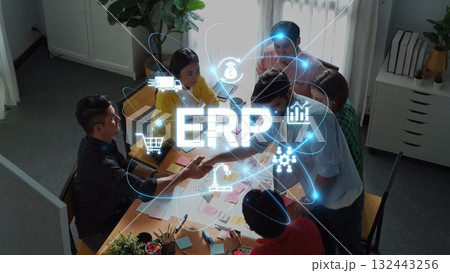 Collaborative Business Meeting for ERP Implementation with Diverse Team Discussing Strategies and Solutions in Modern Office Space. Raster Collaborative Business Meeting for ERP Implementation with Diverse Team Discussing Strategies and Solutions in Modern Office Space. Raster 132443256