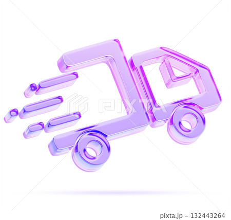 3d glass holographic delivery truck icon render. Fast express delivery, commercial freight transport, transportation and logistics services. Quick car with purple blue neon gradient. 3D illustration 132443264