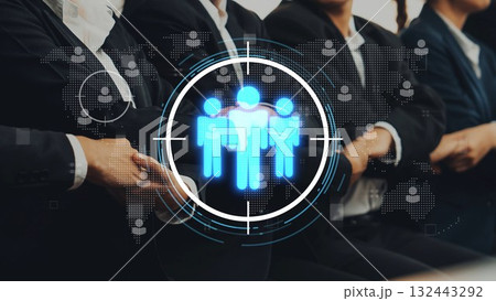 Business Professionals in Suits with Digital Target Symbol Representing Teamwork, Collaboration, and Recruitment in Modern Corporate Environment. Raster Business Professionals in Suits with Digital Target Symbol Representing Teamwork, Collaboration, and Recruitment in Modern Corporate Environment. Raster 132443292