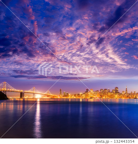 San Francisco sunset skyline California bay water reflection 132443354