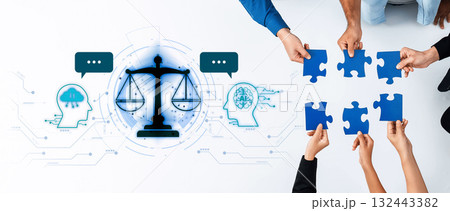 Collaborative Problem Solving in Legal Framework with Puzzle Pieces and Scales of Justice Representing Balance and Insight in Modern Society Trope 132443382