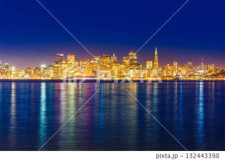 San Francisco sunset skyline California bay water reflection 132443398
