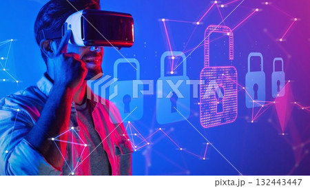 Young Man Using Virtual Reality Headset in Front of Digital Lock Symbols with Neon Background Representing Cybersecurity and Technology Concept. Raster 132443447