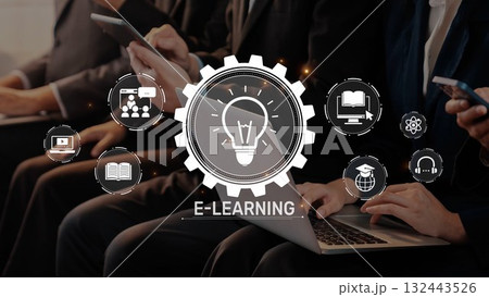 Modern E-Learning Concept With Digital Devices And Educational Symbols Representing Online Learning And Knowledge Sharing In A Professional Environment. Raster Modern E-Learning Concept With Digital Devices And Educational Symbols Representing Online Learning And Knowledge Sharing In A Professional Environment. Raster 132443526