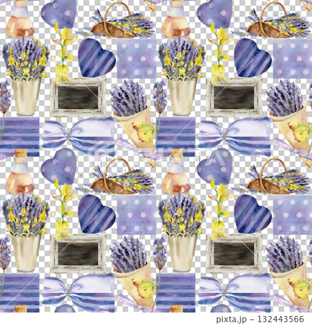 Lavender trug basket bouquet, essential oil sachet bag, striped and dotted fabric cuts, rustic heart shapes, frames chalkboard sign, Hand drawn in watercolor, Provence patchwork seamless pattern. Lavender trug basket bouquet, essential oil sachet bag, striped and dotted fabric cuts, rustic heart shapes, frames chalkboard sign, Hand drawn in watercolor, Provence patchwork seamless pattern. 132443566