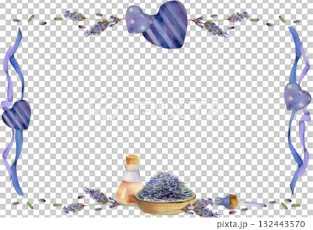 Bowl of lavender seeds, hearts, essential oil glass vial, pipette dropper, streaming serpentine ribbons. Isolated illustration hand drawn in watercolor. Handmade balm kits, skincare eco rustic label. 132443570