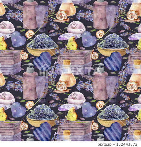 Lavender essential oil, cosmetic bottles, bath bombs, towels. Butterflies and snails. Hand drawn in watercolor, seamless pattern isolated on dark. Skincare decor, aromatherapy product wrap, planners. Lavender essential oil, cosmetic bottles, bath bombs, towels. Butterflies and snails. Hand drawn in watercolor, seamless pattern isolated on dark. Skincare decor, aromatherapy product wrap, planners. 132443572