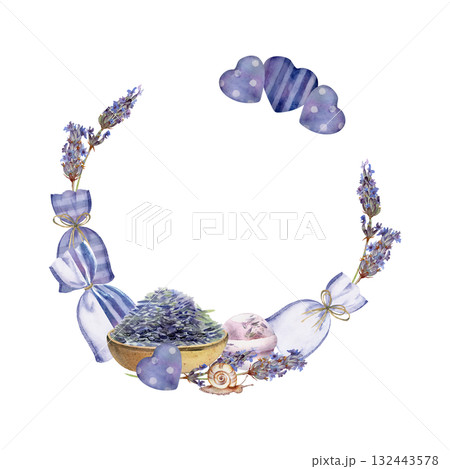 Lavender flowers, spa seeds in clay bowl, bath bomb, heart shapes and sachet bags. Isolated wreath frame illustration hand drawn in watercolor. Skincare branding, cosmetic tag, herbal wellness design. Lavender flowers, spa seeds in clay bowl, bath bomb, heart shapes and sachet bags. Isolated wreath frame illustration hand drawn in watercolor. Skincare branding, cosmetic tag, herbal wellness design. 132443578