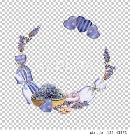 Lavender flowers, spa seeds in clay bowl, bath bomb, heart shapes and sachet bags. Isolated wreath frame illustration hand drawn in watercolor. Skincare branding, cosmetic tag, herbal wellness design. 132443578