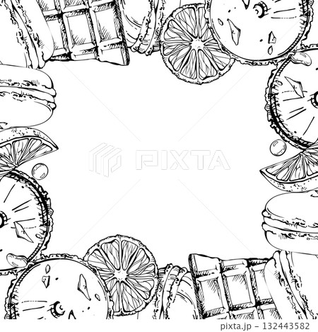 Gourmet macaron cookies with chocolate shavings, vivid orange slices, cocoa bonbons. Vector ink hand drawn isolated illustration. Menu frame designs, dessert class artwork, bakery invitation layouts. 132443582