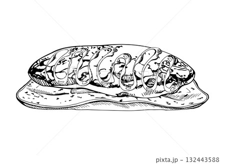 Vector ink pancake with melted chocolate ganache, flapjack served on handmade clay ceramic plate. Hand drawn isolated illustration. Summer packaging, juice bar branding, seasonal product graphics. Vector ink pancake with melted chocolate ganache, flapjack served on handmade clay ceramic plate. Hand drawn isolated illustration. Summer packaging, juice bar branding, seasonal product graphics. 132443588