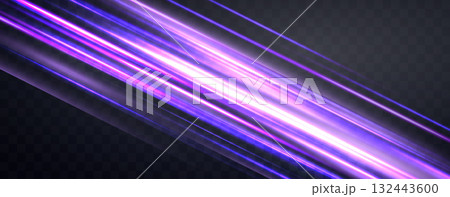 Speed rays, velocity light neon flow, zoom in motion effect, purple glow speed lines, colorful light trails, stripes. Abstract background, vector illustration. 132443600