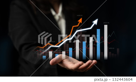 Business person showcasing success with hand open, digital growth chart with rising lines and bars, investment progress and financial analysis depicted creatively Scalp Business person showcasing success with hand open, digital growth chart with rising lines and bars, investment progress and financial analysis depicted creatively Scalp 132443604