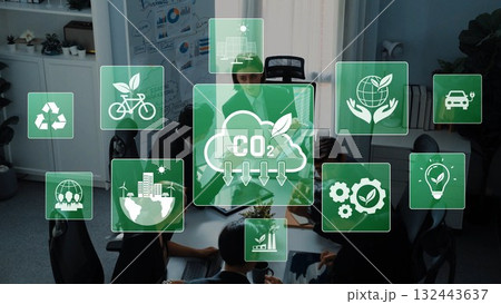 Meeting on Sustainability and Environmental Impact with Graphical Icons Representing Eco-Friendly Practices and Carbon Reduction Efforts in Modern Office Setting. Raster 132443637