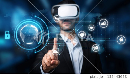 Man in Suit Using Virtual Reality Headset with Digital Interface Displaying Global Data and Technology Icons in Futuristic Setting. Raster Man in Suit Using Virtual Reality Headset with Digital Interface Displaying Global Data and Technology Icons in Futuristic Setting. Raster 132443658