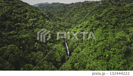 Fiji, Nadi Waterfall: Aerial view hidden waterfall flowing through a lush green rainforest, creating a breathtaking natural spectacle. Wild landscape, nature background. Drone flight zoom in 132444222