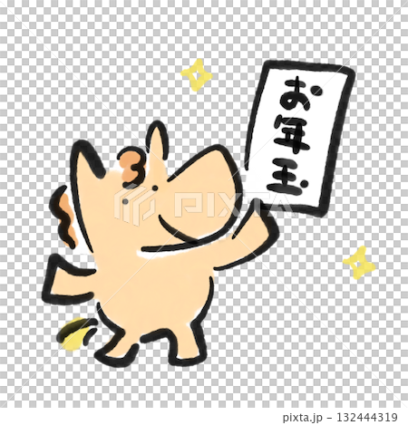 拿著新年禮物袋的笑馬 新年素材 水墨畫 132444319