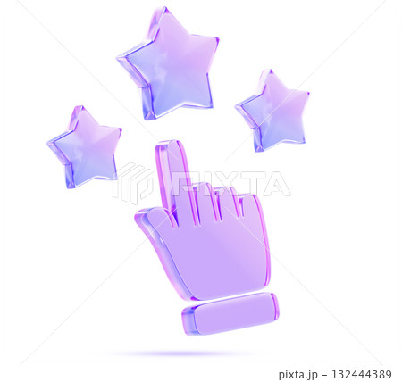 Customer review 3d icon. Glass holographic transparent hand with star rating, purple blue neon gradient. Client feedback and survey concept. Online assessment on website or mobile app. 3D illustration 132444389