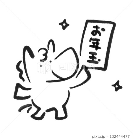 お年玉袋を持つ笑顔の馬 正月素材 墨絵 モノクロ お年玉袋を持つ笑顔の馬 正月素材 墨絵 モノクロ 132444477