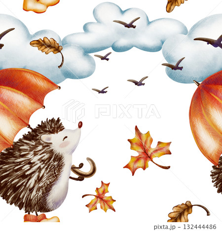 Autumn seamless pattern-Fluffy hedgehog with an orange umbrella and in yellow rubber boots standing on its hind legs and looks at the birds soaring away into the clouds.Watercolor and colored pencils Autumn seamless pattern-Fluffy hedgehog with an orange umbrella and in yellow rubber boots standing on its hind legs and looks at the birds soaring away into the clouds.Watercolor and colored pencils 132444486