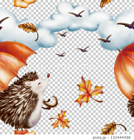 Autumn seamless pattern-Fluffy hedgehog with an orange umbrella and in yellow rubber boots standing on its hind legs and looks at the birds soaring away into the clouds.Watercolor and colored pencils 132444486
