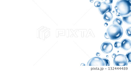 Delicate air bubbles float in cemicircular frame,captured in soft blue watercolor monochrome.For ethereal designs and ocean-inspired projects.Hand drawn illustration for aquatic arrangements 132444489