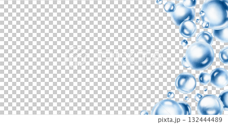 Delicate air bubbles float in cemicircular frame,captured in soft blue watercolor monochrome.For ethereal designs and ocean-inspired projects.Hand drawn illustration for aquatic arrangements 132444489