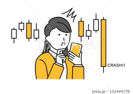 スマホを見て株価が暴落している状況に驚く若い女性 132444776