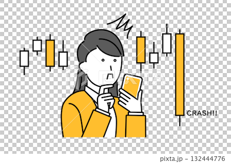 スマホを見て株価が暴落している状況に驚く若い女性 132444776