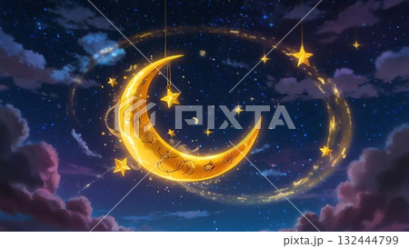 ゲーム背景　雲に隠れた満月と月が見える夜空の風景画 132444799