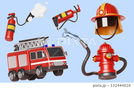 Firefighter equipment set. Cartoon 3d render icon of fire truck, helmet, foam extinguisher, red hydrant spraying water. Fireman protection uniform and gear isolated on blue background. 3D illustration 132444810