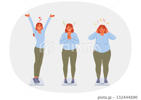 Progress in weight loss for overweight woman who quickly loses extra pounds thanks to right diet 132444890