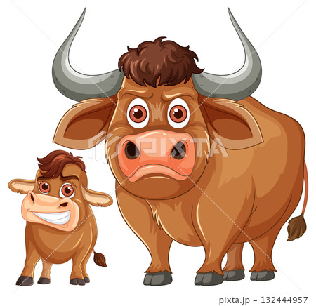 Cartoon Bull and Calf Standing Side by Side 132444957