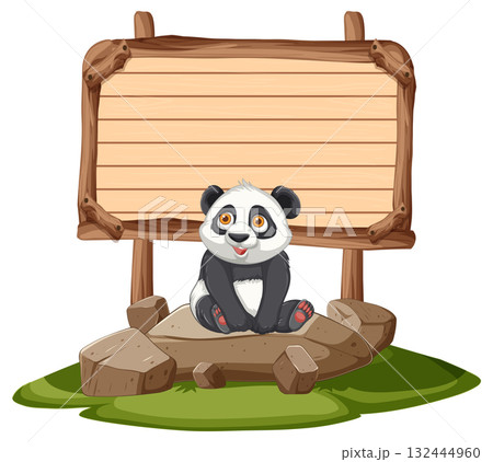 Cute Baby Panda Sitting on Rocks with Wooden Sign Cute Baby Panda Sitting on Rocks with Wooden Sign 132444960