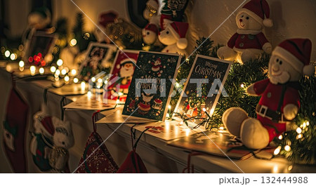 Cozy decor with holiday cards, glowing lights create warm holiday mood 132444988
