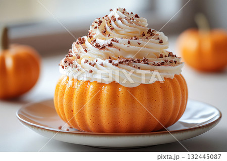 Gastronomy marketing. Pumpkin dessert in orange tones on a plate with soft lighting. Preparing for Halloween. Autumn atmosphere. 132445087