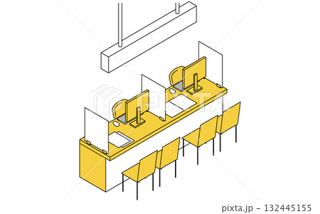 役所や銀行などにあるパーテーションで区切られた受付相談カウンターのシンプルな線画アイソメトリックイラ 132445155