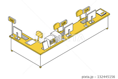 発券機と呼出番号表示システムのある受付カウンターのシンプルな線画アイソメトリックイラスト 132445156