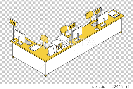 発券機と呼出番号表示システムのある受付カウンターのシンプルな線画アイソメトリックイラスト 132445156