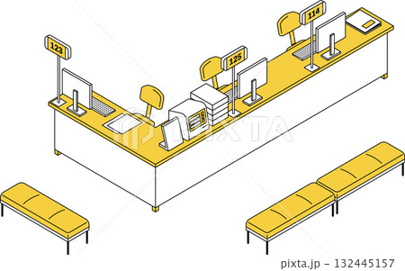 発券機と呼出番号表示システムのある受付カウンターと待合ベンチのシンプルな線画アイソメトリックイラスト 132445157