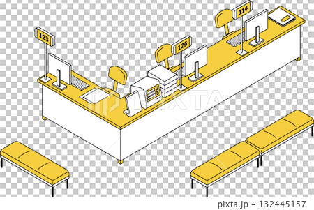 発券機と呼出番号表示システムのある受付カウンターと待合ベンチのシンプルな線画アイソメトリックイラスト 132445157